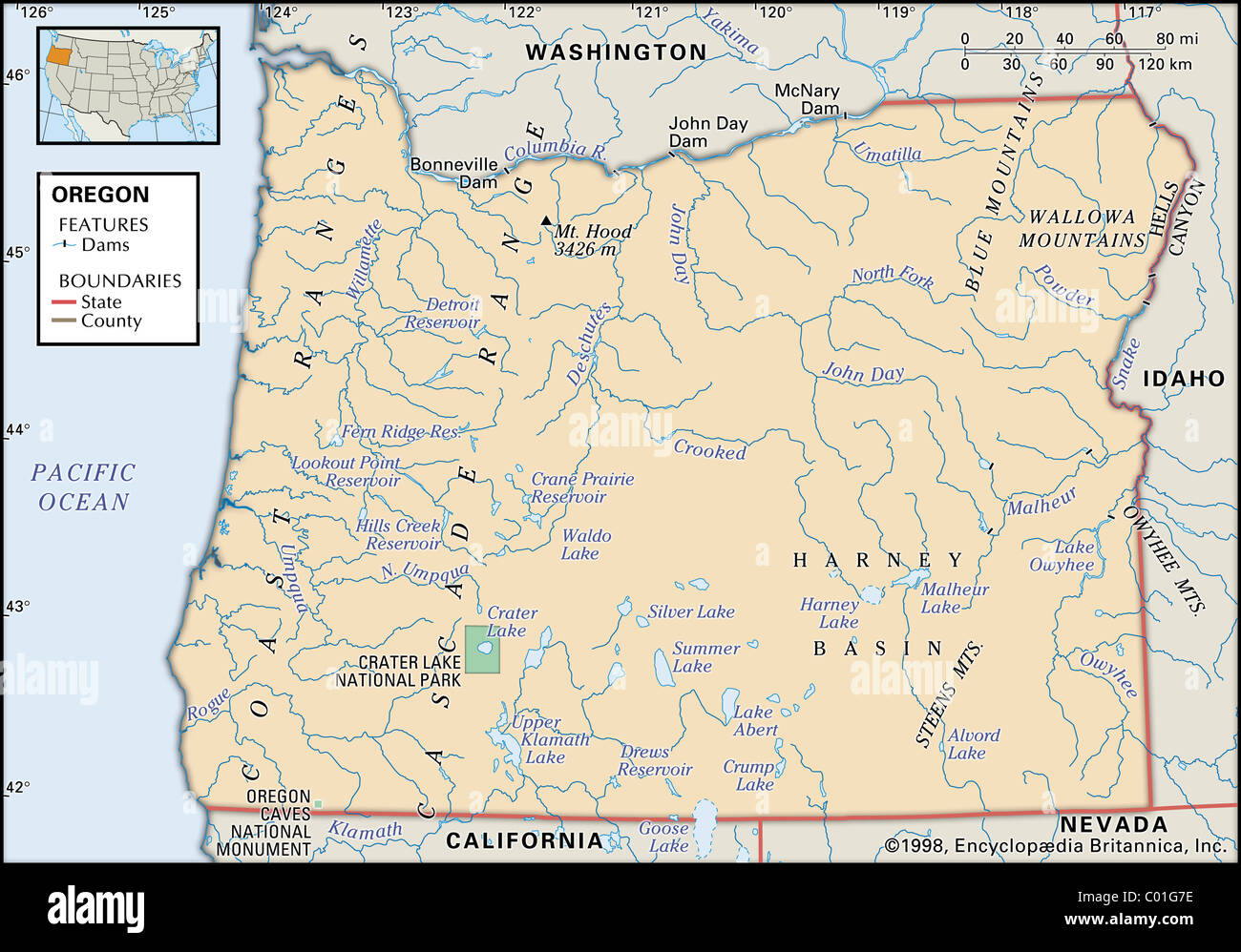 Physical map of Oregon Stock Photo