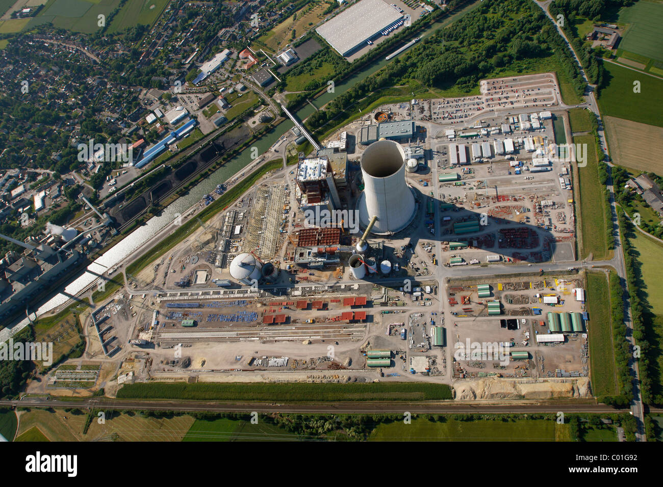 Aerial view, Datteln4 coal power plant of the EON energy corporation, building freeze, Dortmund-Ems canal, Recklinghausen Stock Photo