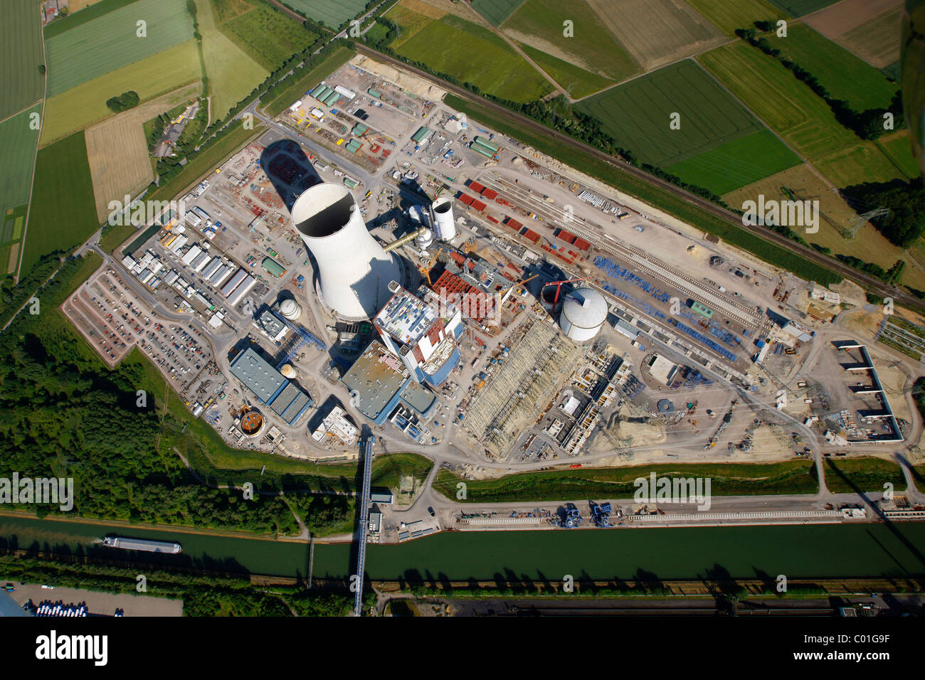 Aerial view, Datteln4 coal power plant of the EON energy corporation, building freeze, Dortmund-Ems canal, Recklinghausen Stock Photo