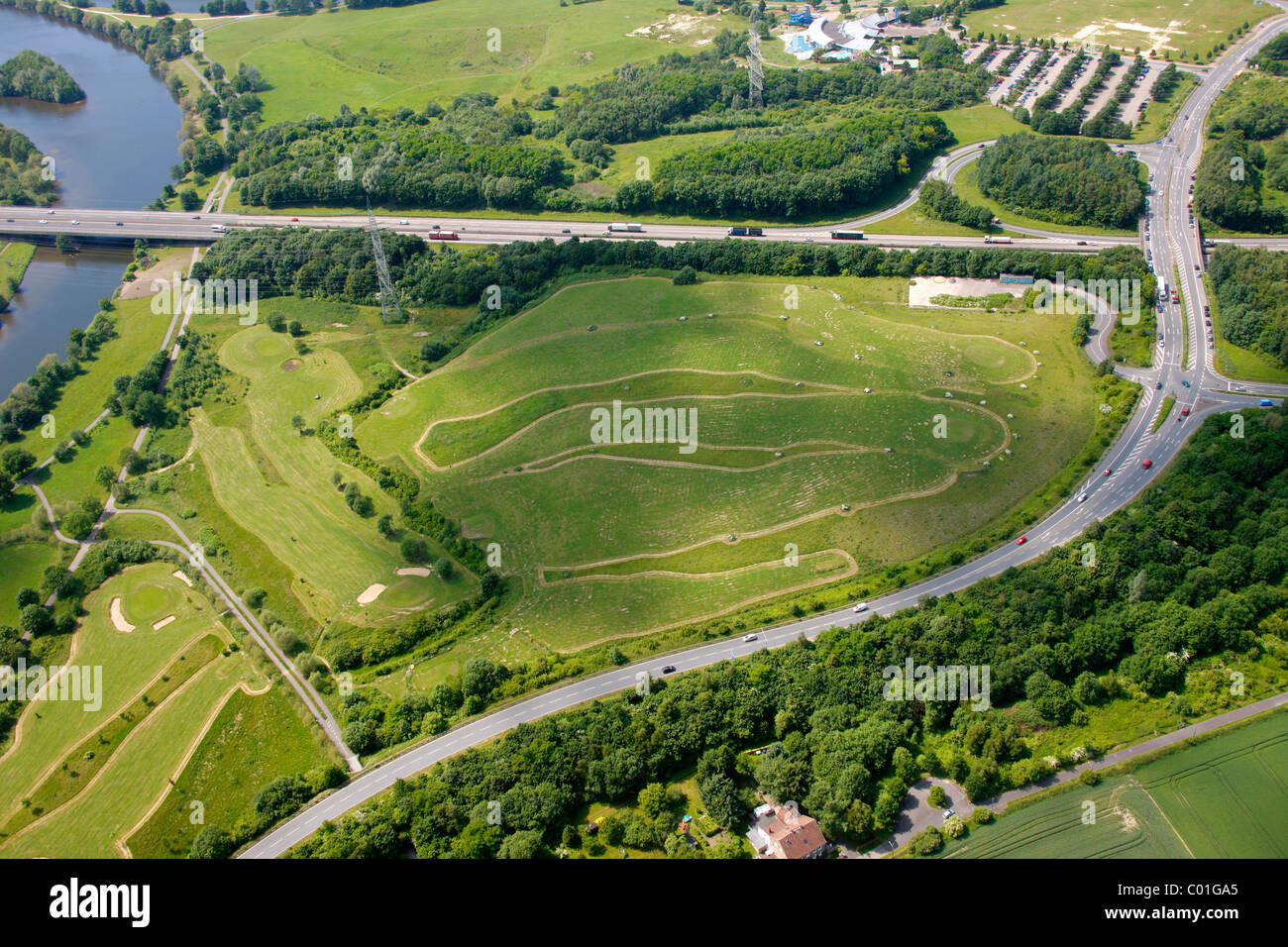 Aerial view, golf course, Deponie Heven landfill, Seestrasse street, Witten, Ruhrgebiet area, North Rhine-Westphalia Stock Photo