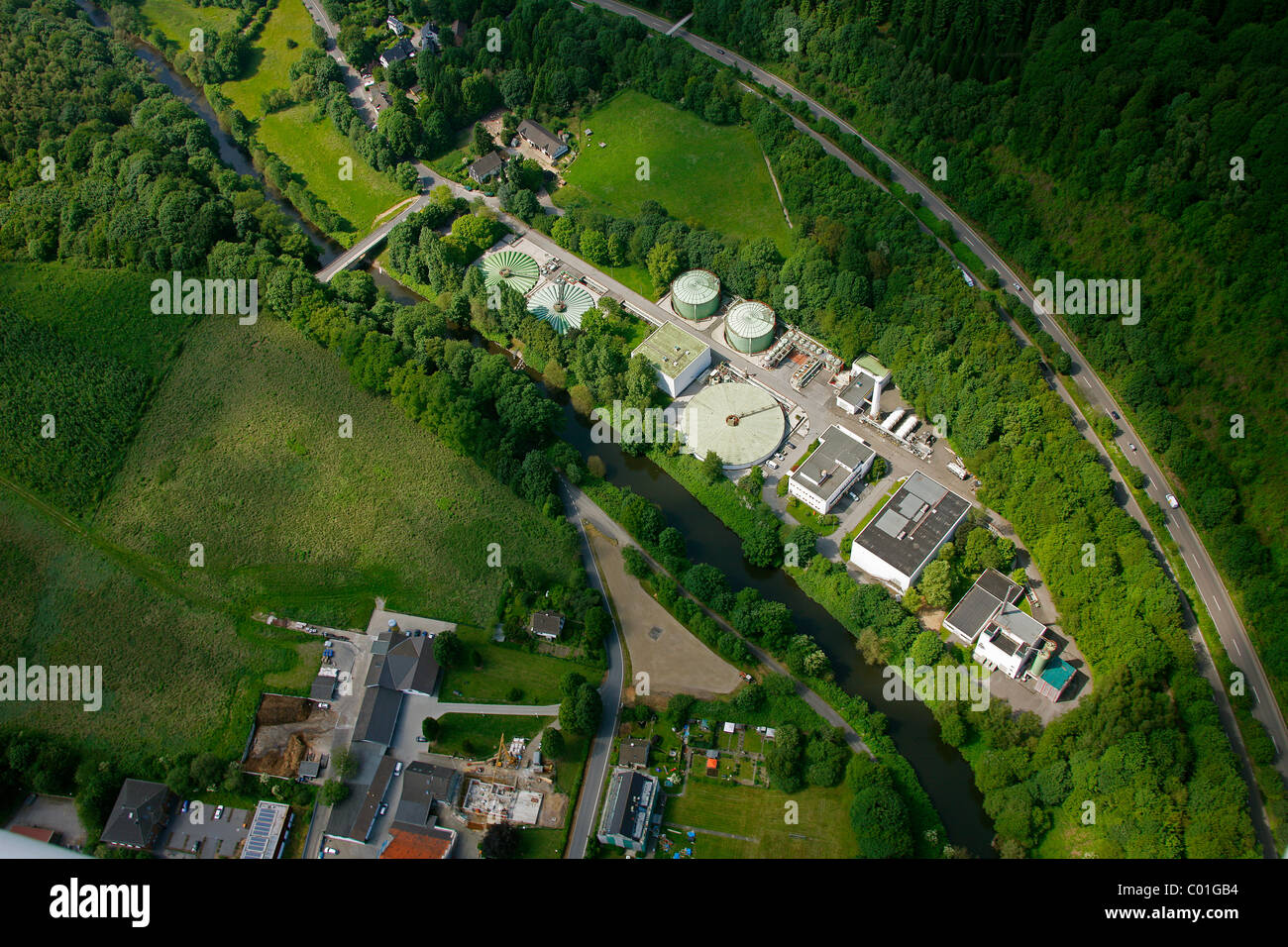 Aerial view, internal wastewater treatment plant of the Bayer Schering Pharma AG on Rutenbecker Weg street Stock Photo