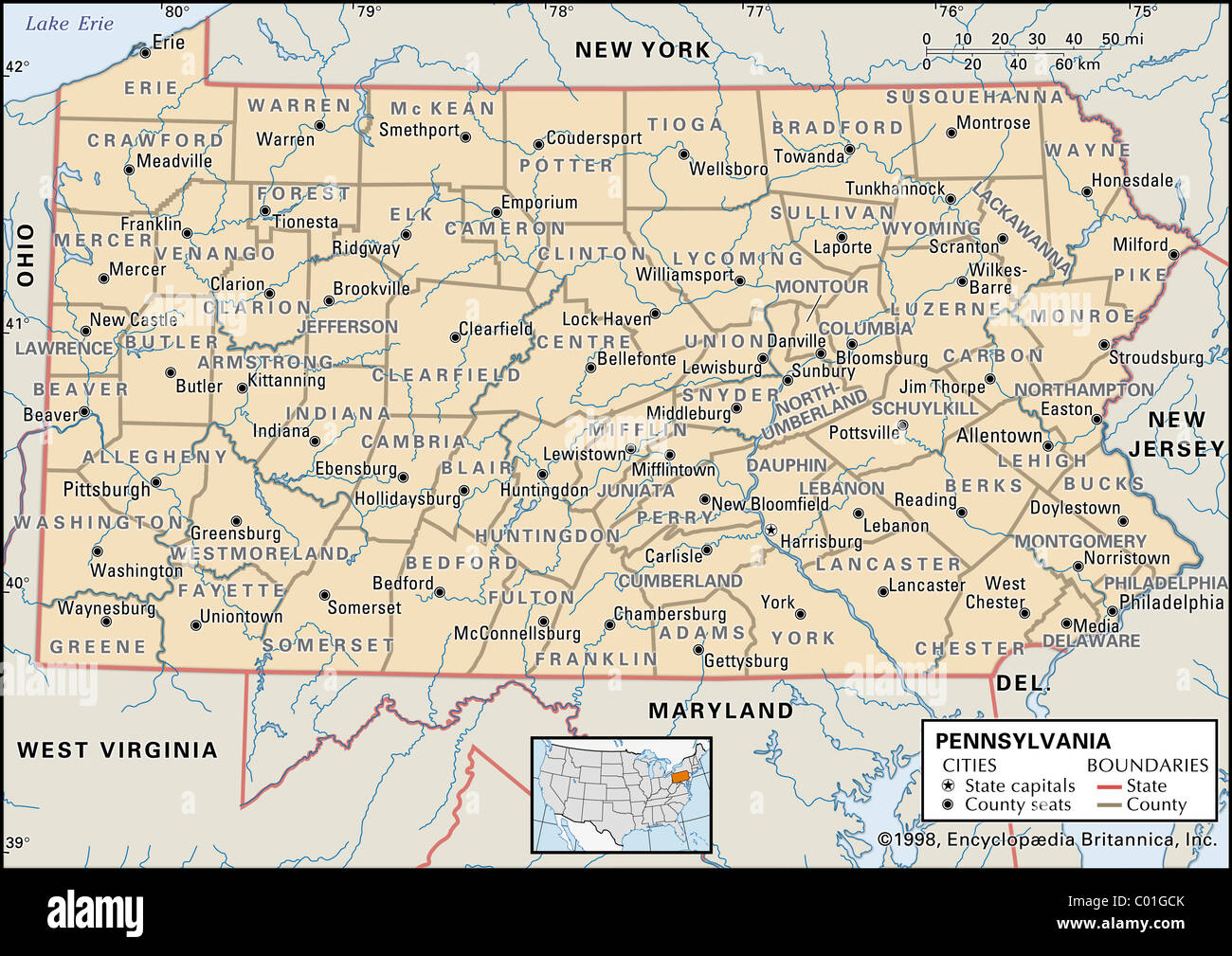 Political map of Pennsylvania Stock Photo