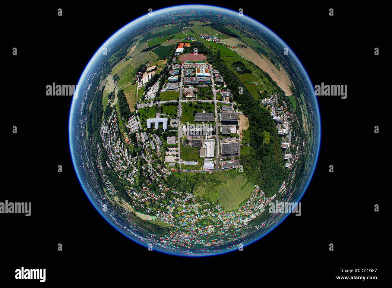 Aerial view, fisheye lens, Bayer Schering research centre, Bayer Schering Pharma AG, a German pharmaceutical company Stock Photo