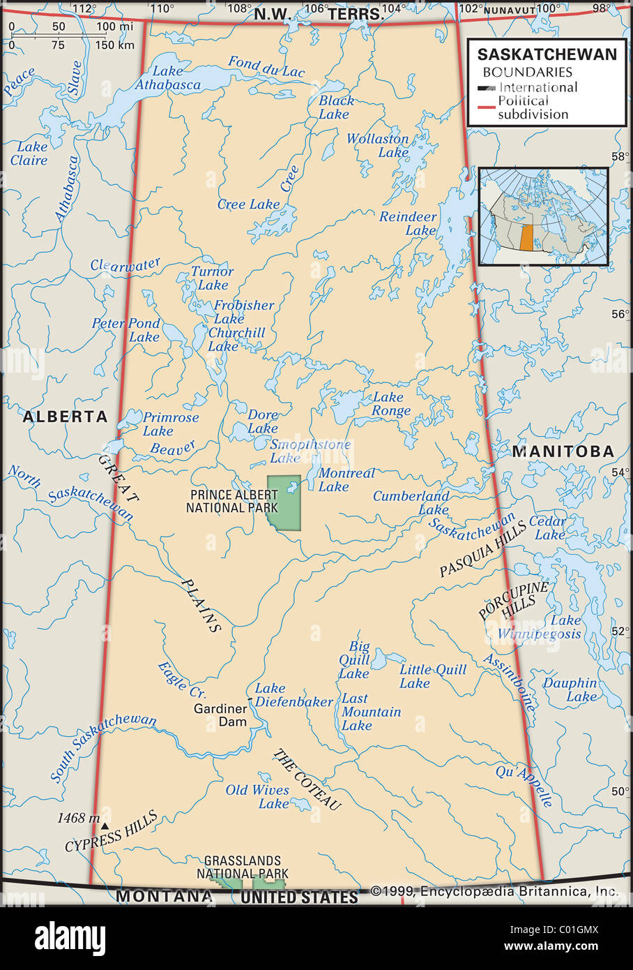 Physical map of Saskatchewan Stock Photo