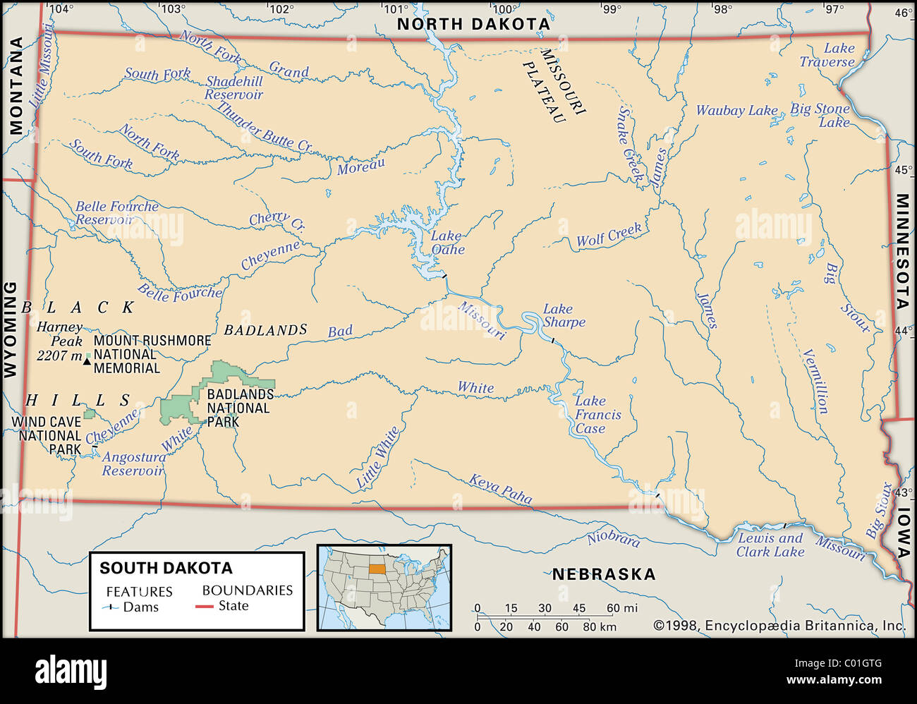 Physical map of South Dakota Stock Photo
