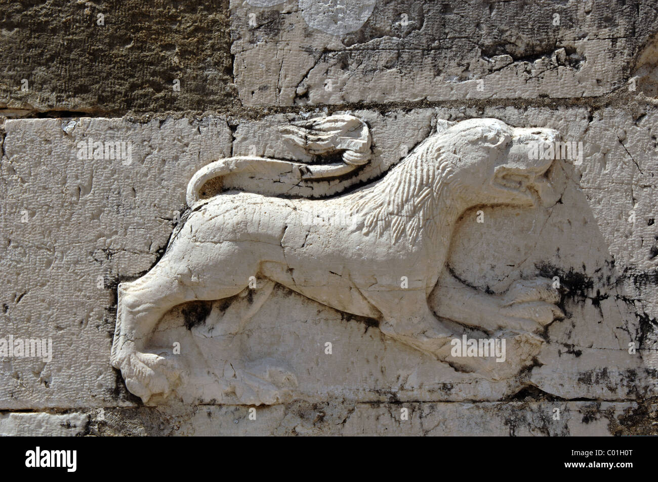 Byzantine Art. Relief depicting a lion on the facade of the Church of St. Nicholas. Mesopotam. Albania. Stock Photo