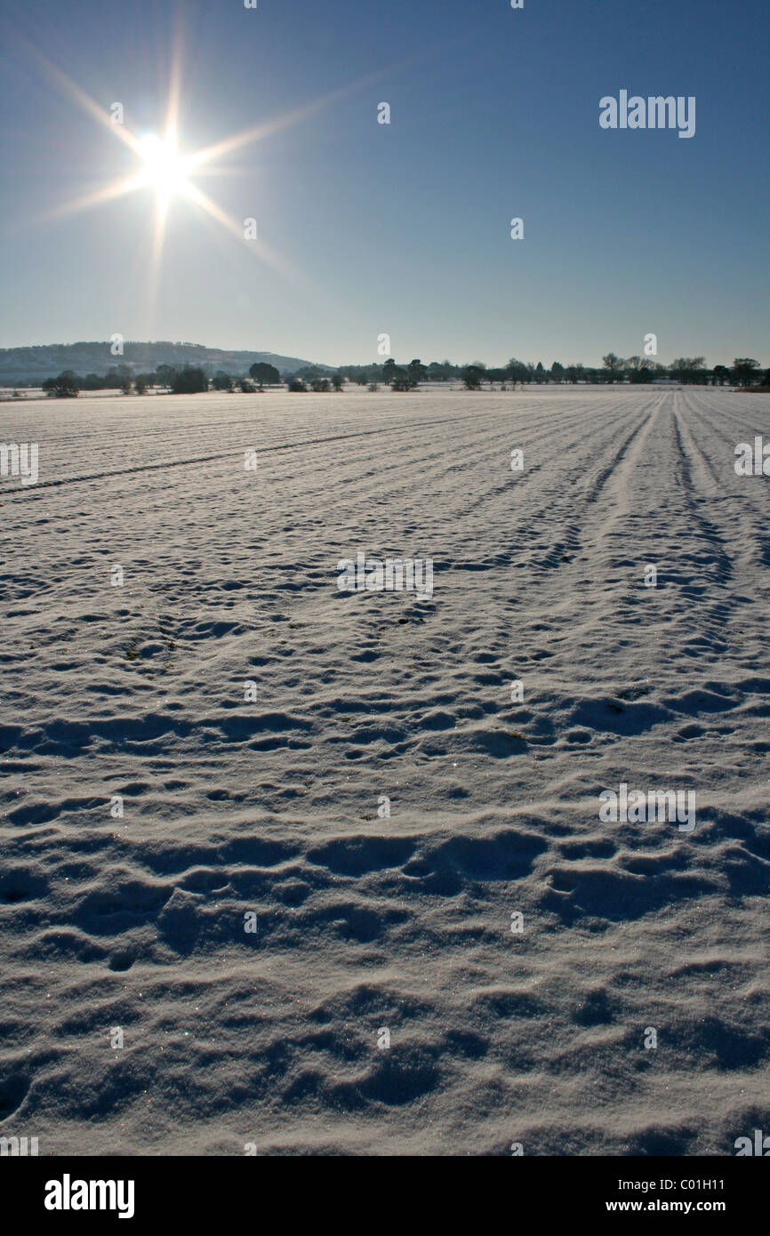 Snow Covered Field On The Edge Of The Lincolnshire Wolds, UK Stock Photo