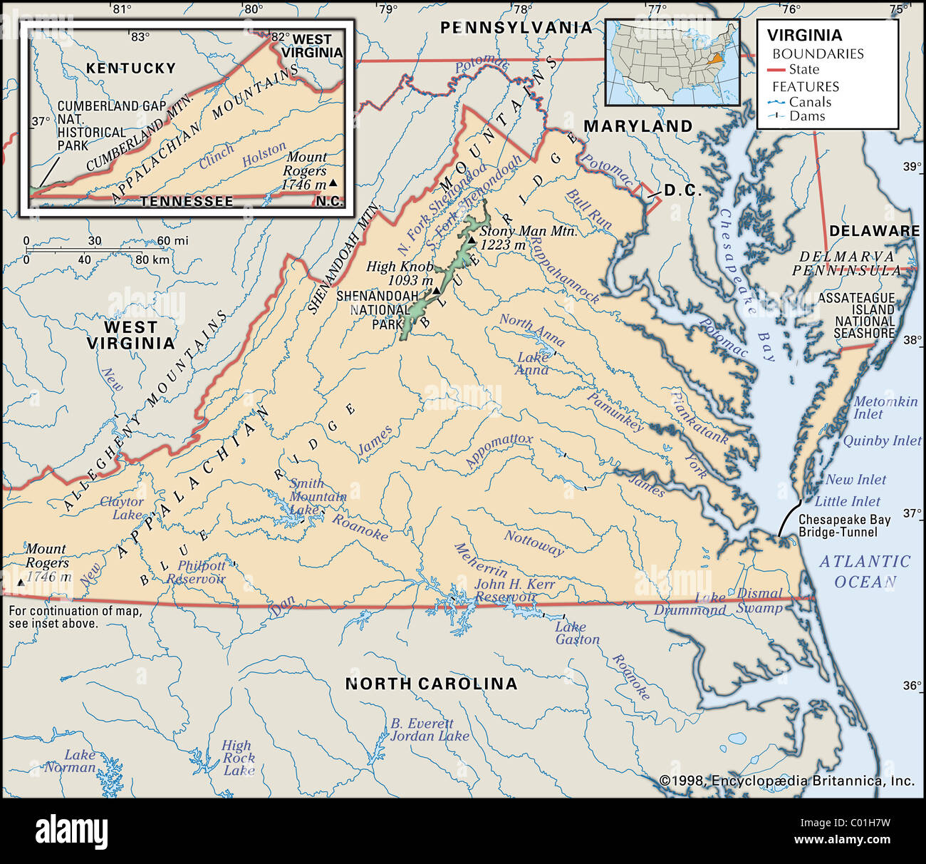 Physical map of Virginia Stock Photo