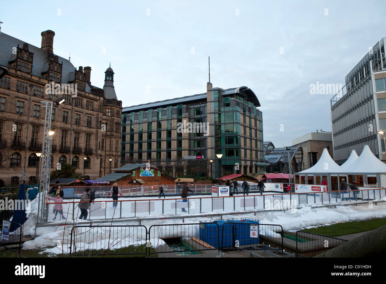 People ice skating in Sheffield city center South Yorkshire England UK