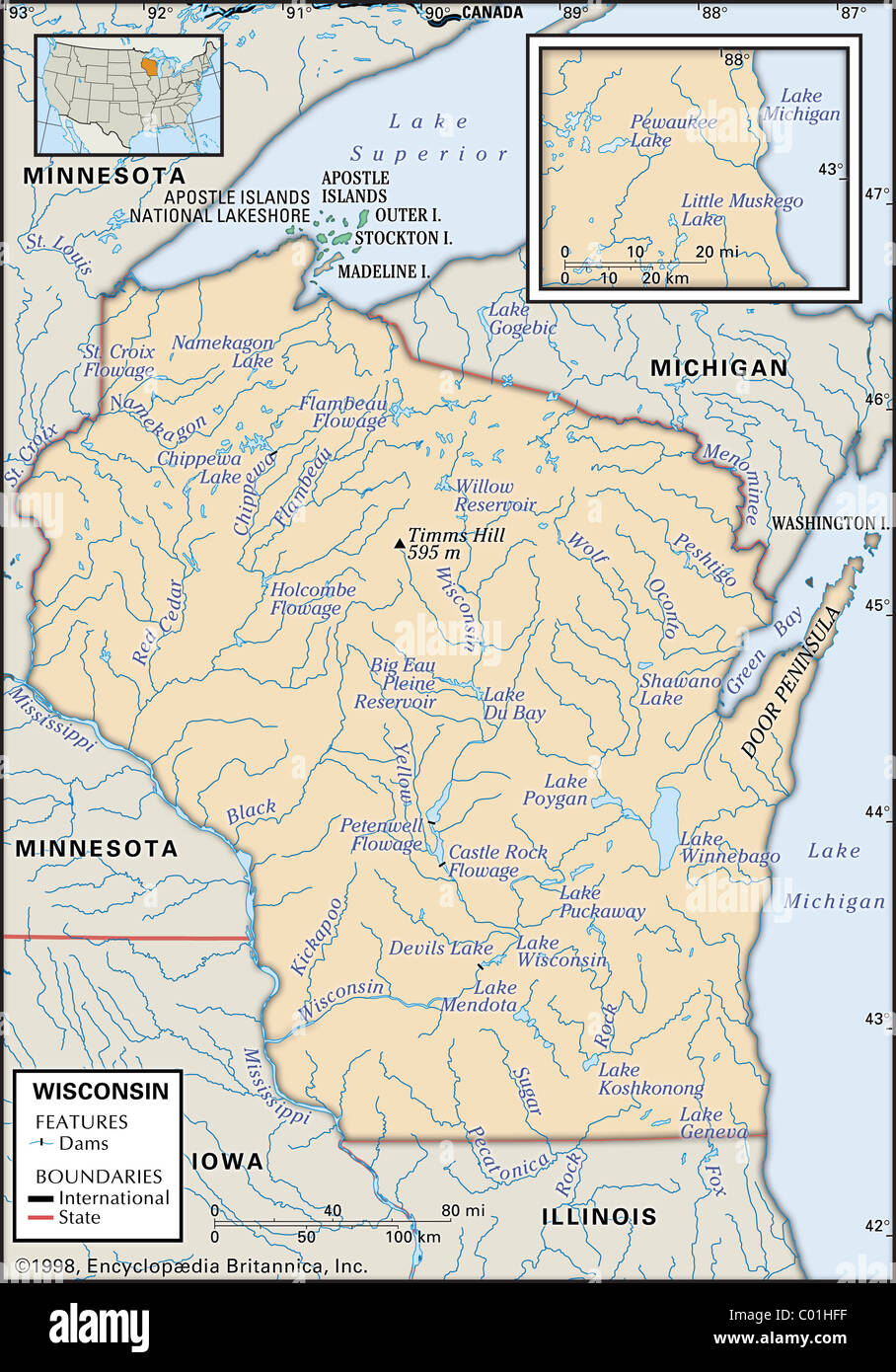 Physical map of Wisconsin Stock Photo
