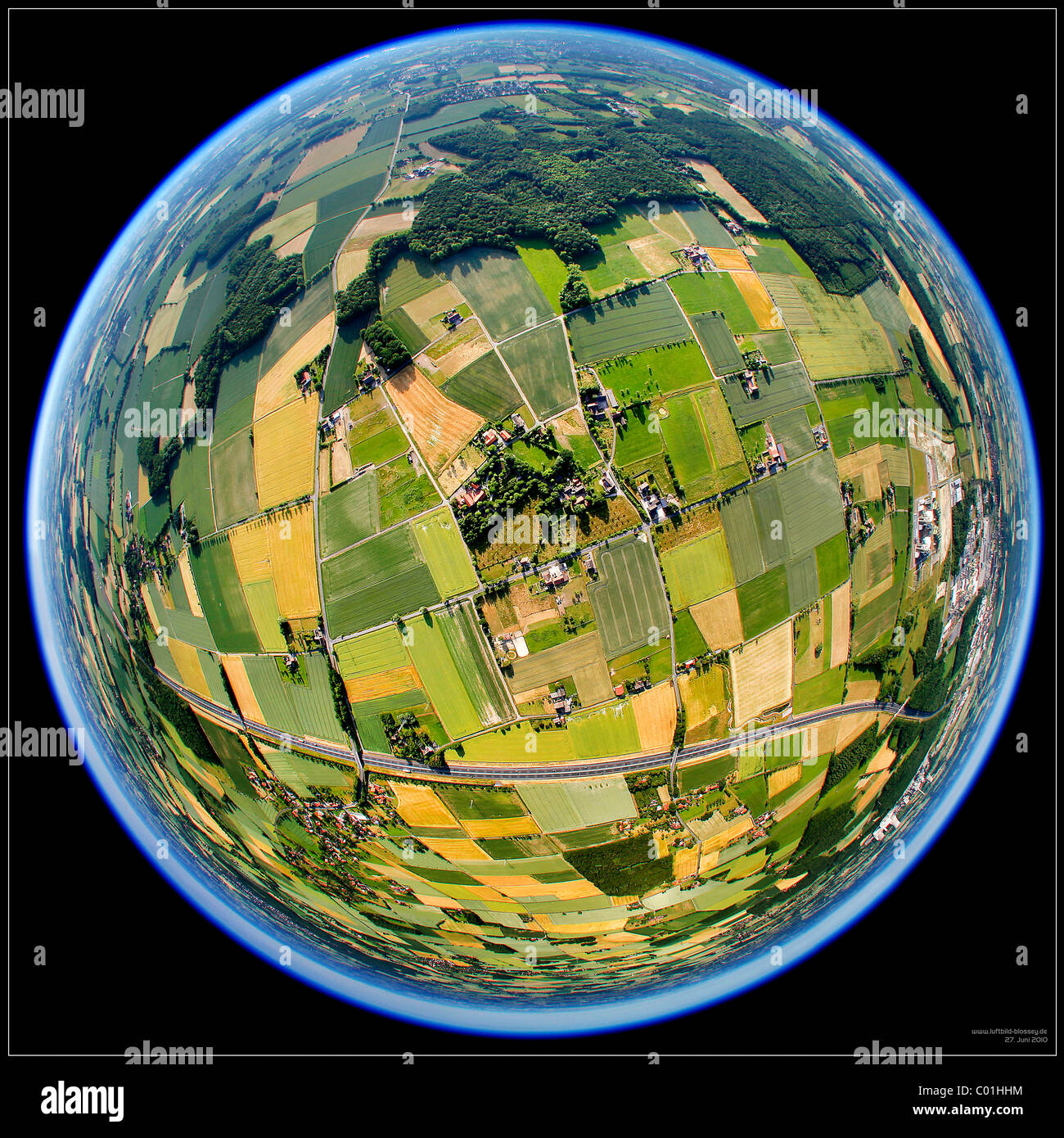 Aerial view, fisheye lens, Otmar Alt, Otmar-Alt-Stiftung, charitable organisation, Westtuennen, Hamm, North Rhine-Westfalia Stock Photo