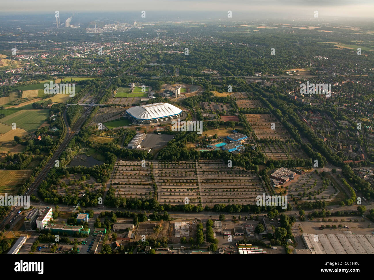 Aerial view, Buer district, Schalkearena stadium, Arena auf Schalke stadium, Veltins-Arena stadium, the former Parkstadion Stock Photo