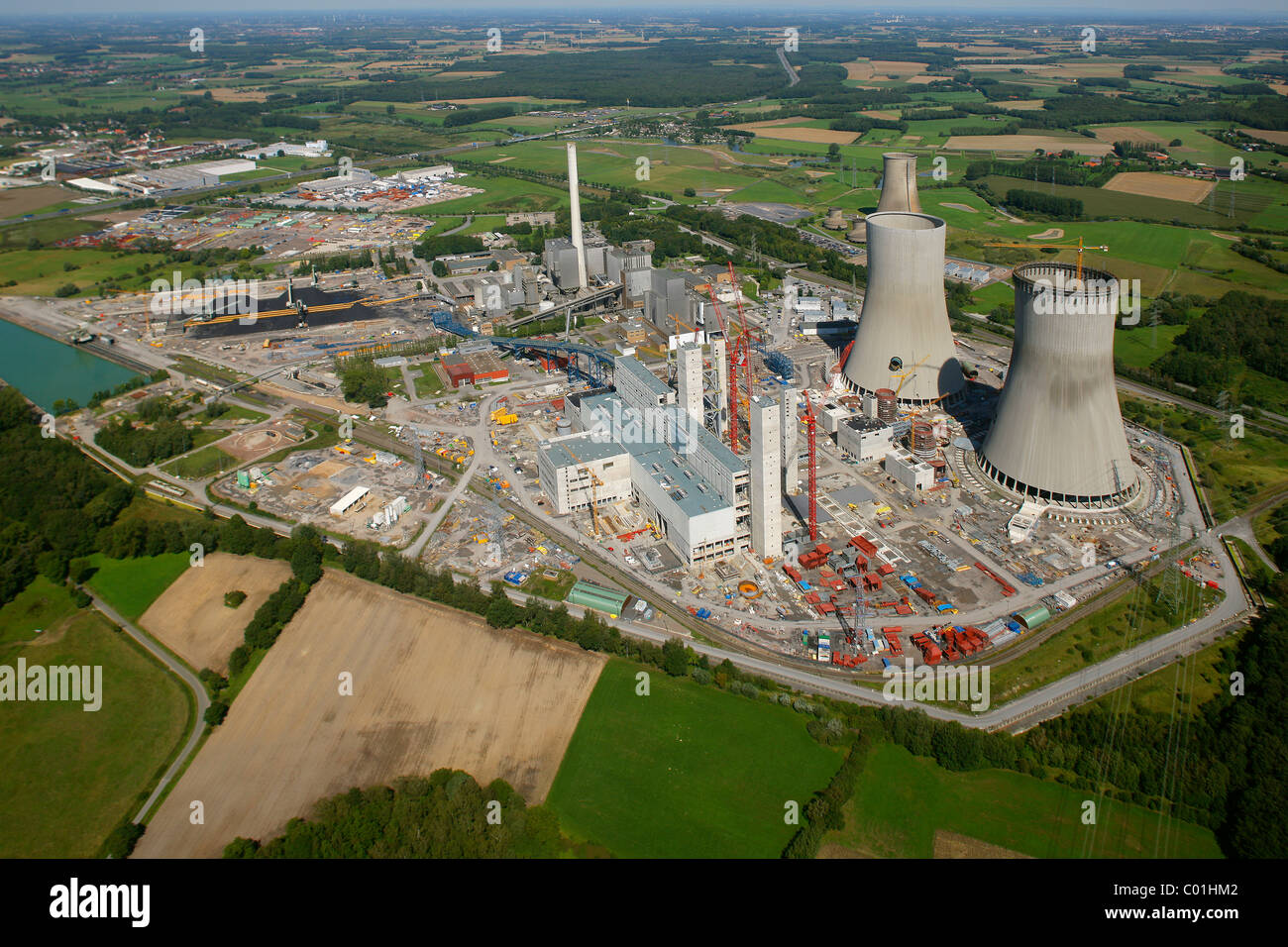 Aerial view, Kraftwerk Westfalen power plant, owned by RWE Power, an electric power company, construction site of the coal power Stock Photo