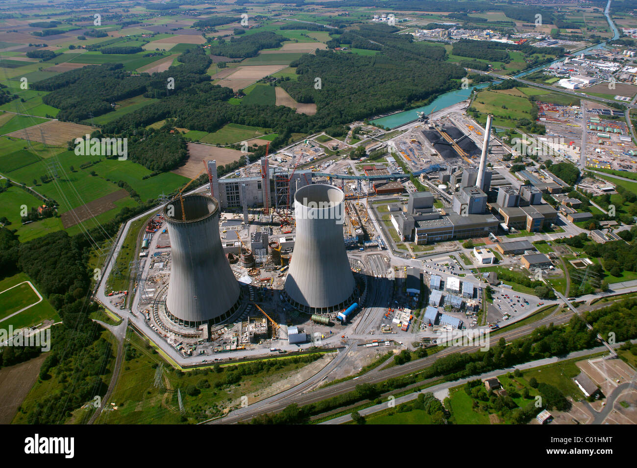 Aerial view, Kraftwerk Westfalen power plant, owned by RWE Power, an electric power company, construction site of the coal power Stock Photo