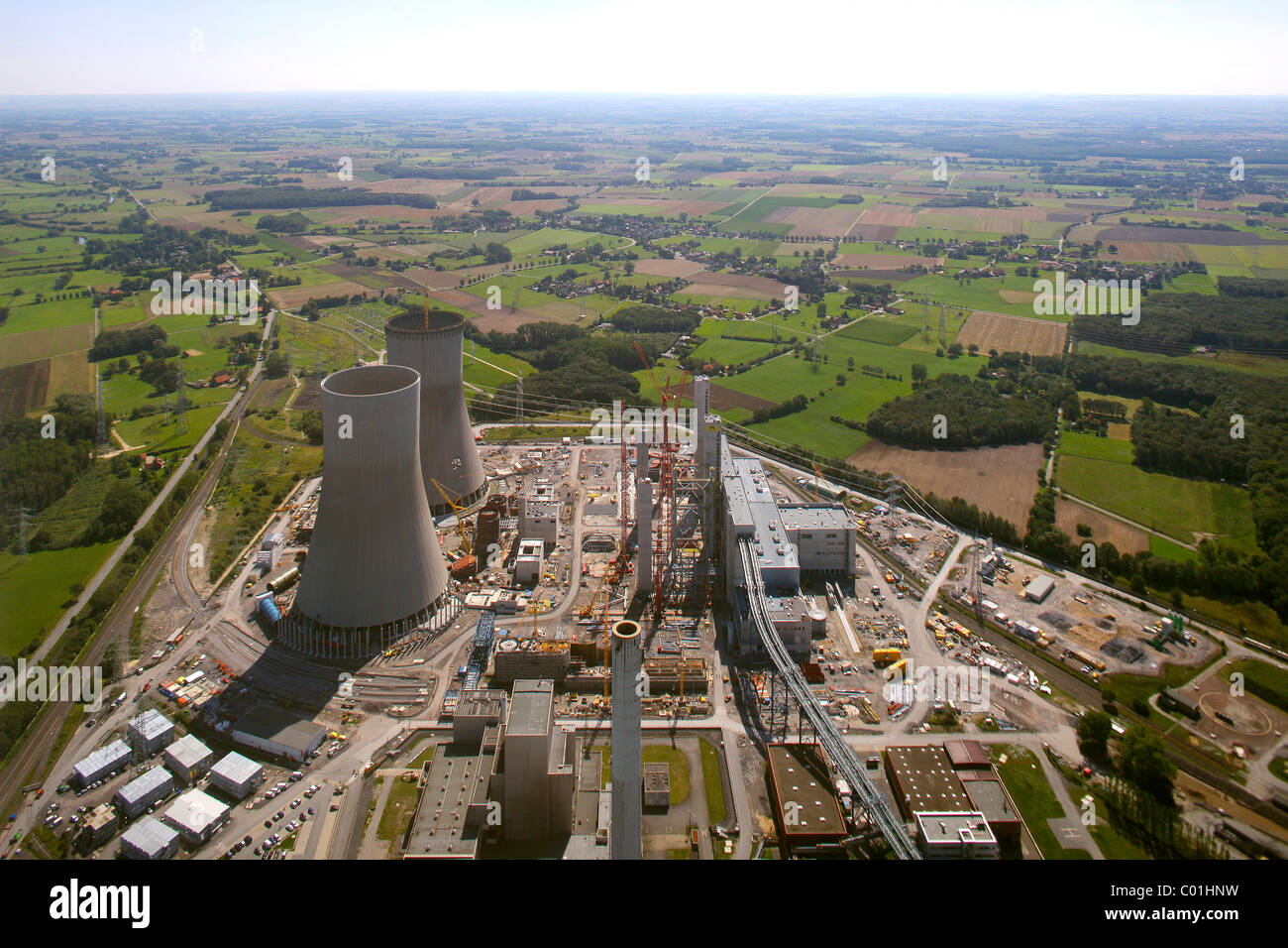 Aerial view, Kraftwerk Westfalen power plant, owned by RWE Power, an electric power company, construction site of the coal power Stock Photo