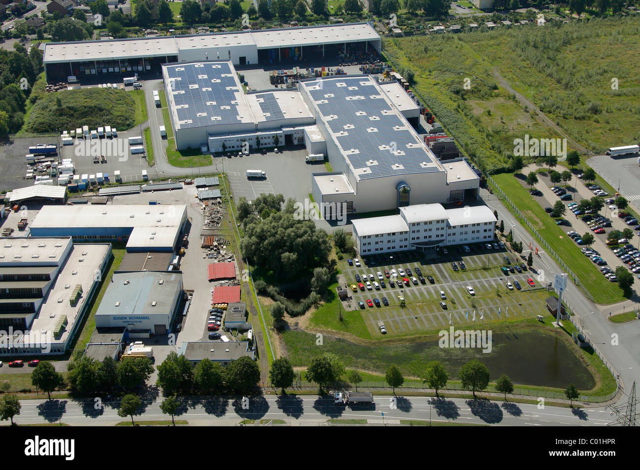 Aerial view, industrial park at the harbour, solar panels, Hamm, Ruhr area, North Rhine-Westphalia, Germany, Europe Stock Photo