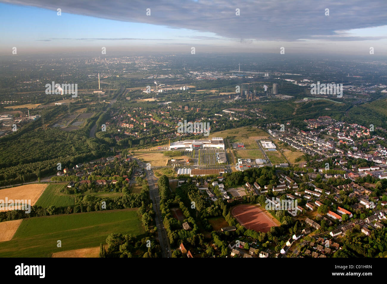Aerial view, Ostermann furniture store expansion, Gladbeck, Ruhr Area, North Rhine-Westphalia, Germany, Europe Stock Photo