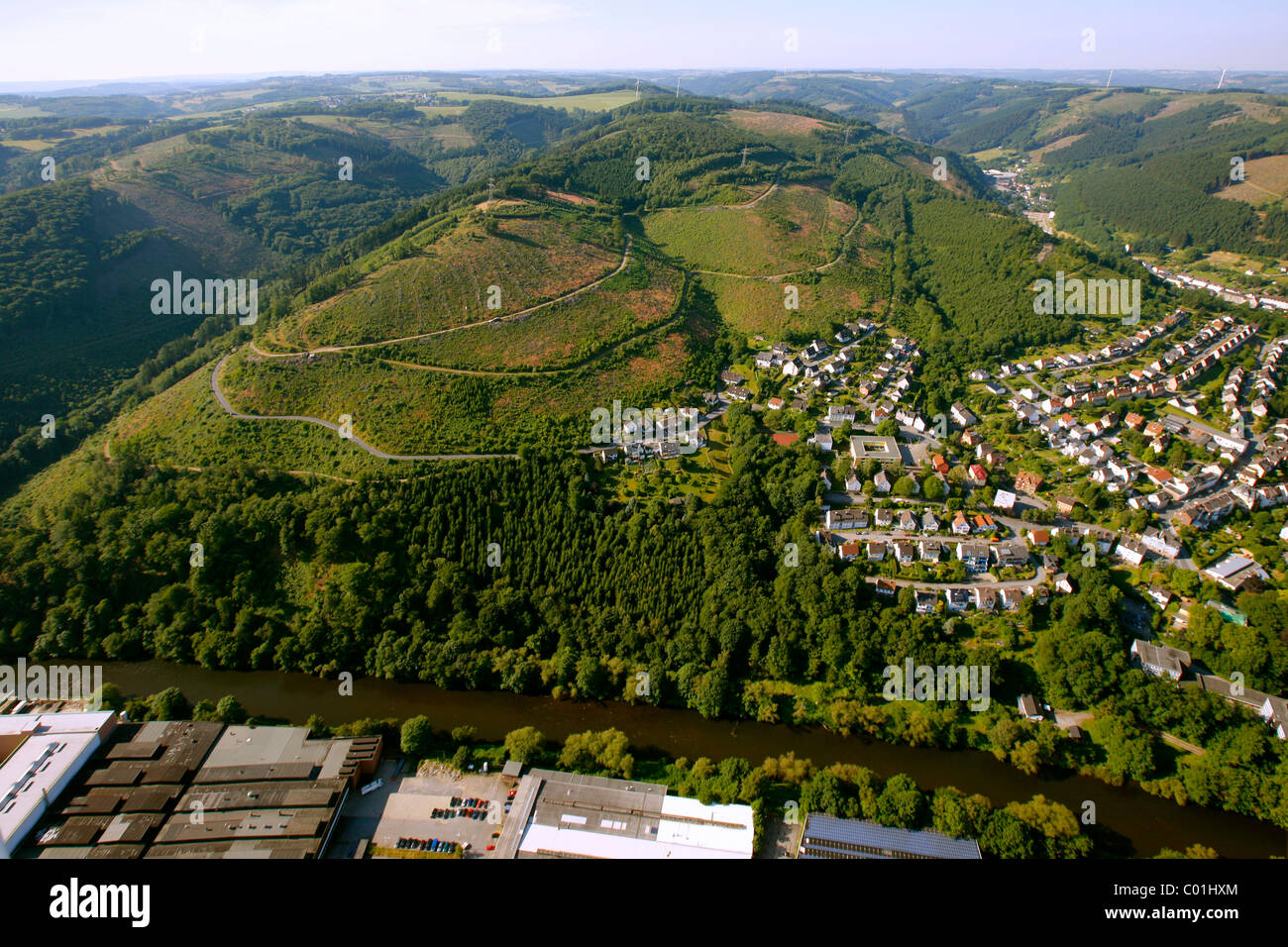 Aerial view, areas damaged by the storm Kyrill, storm damage, Hohenlimburg district, Hagen, Ruhrgebiet area Stock Photo