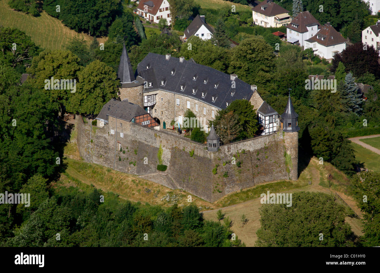 Aerial view, motte, renovated Schloss Hohenlimburg castle, Hagen, Ruhrgebiet area, North Rhine-Westphalia, Germany, Europe Stock Photo