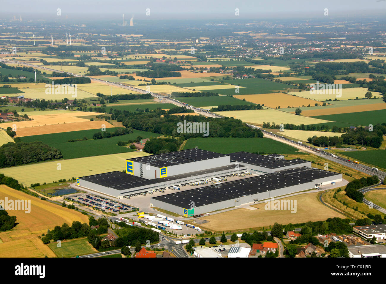 Aerial view, Rhynern EDEKA logistics hub, German supermarket chain, Hamm, Ruhrgebiet area, North Rhine-Westfalia Stock Photo