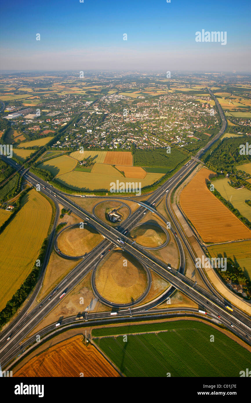 Aerial view, Kamener Kreuz, a cloverleaf interchange, motorway junction, A1 motorway, A2 motorway, Hansalinie motorway, Kamen Stock Photo