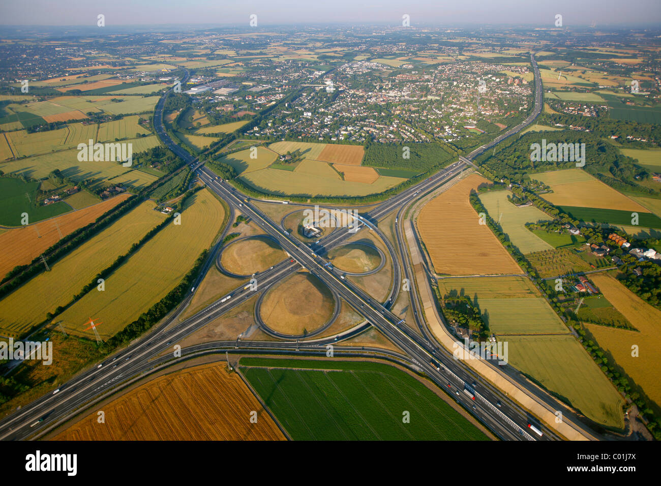 Aerial view, Kamener Kreuz, a cloverleaf interchange, motorway junction, A1 motorway, A2 motorway, Hansalinie motorway, Kamen Stock Photo