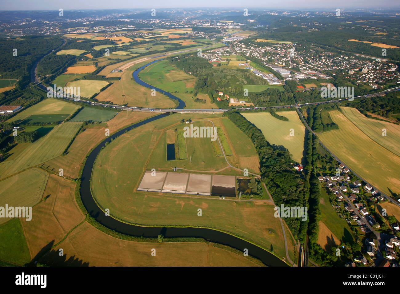 Aerial view, Schwerte, Ruhr river and flood plains, sewage treatments meadows, sewage treatment plant, Ruhrgebiet area Stock Photo