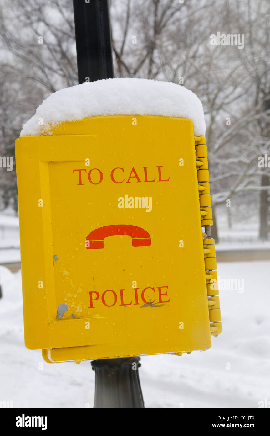 Central Park, Manhattan, Snow Storm, January 25, 2011, New York City, Emergency 911 Telephone Stock Photo