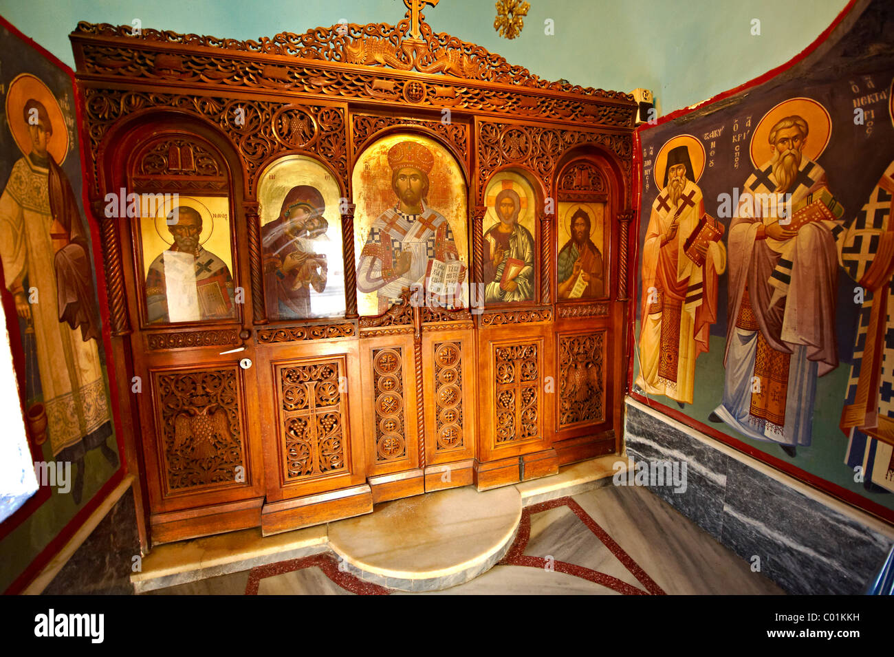 Aegina; church; Greek; Orthodox; Argosaroni; port; Saronic; Islands; Greece; historic; ancient; Photo; Byzantine; architectures Stock Photo
