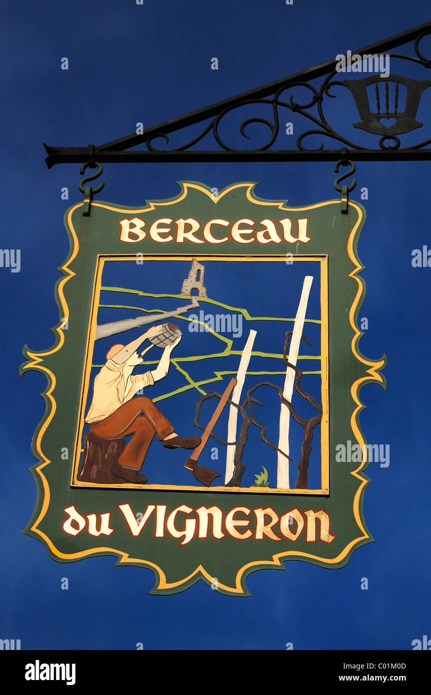 Sign of Berceau du Vigneron hotel, 4 rue du Tir, Turckheim, Alsace, France, Europe Stock Photo