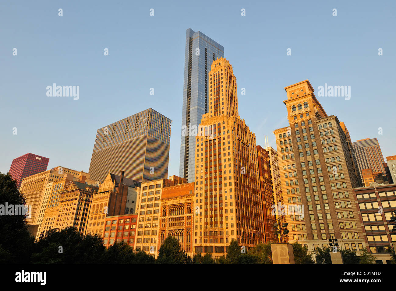 Chicago skyline with Legacy at Millennium Park Building, The Heritage, CNA Center, Pittsfield Building, Illinois Stock Photo