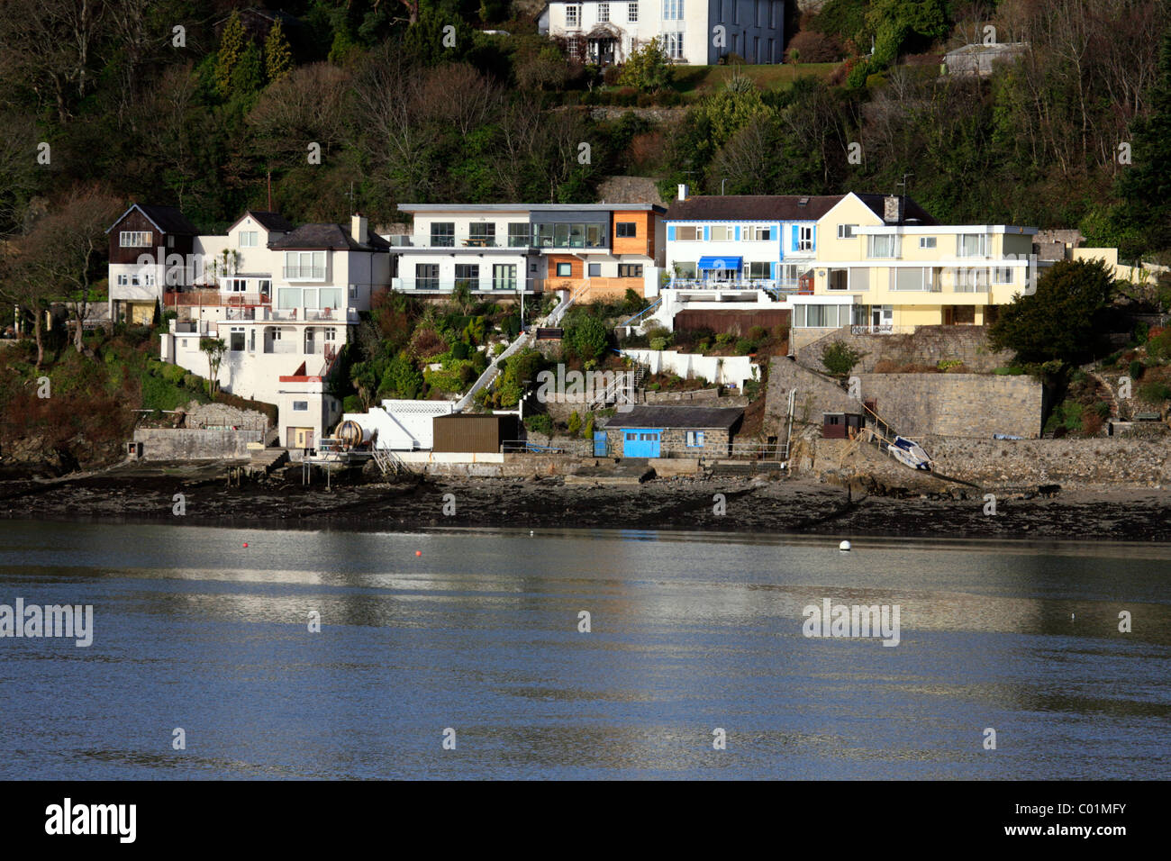 Houses overlooking the Menai Strait, anglesey, North Wales Stock Photo