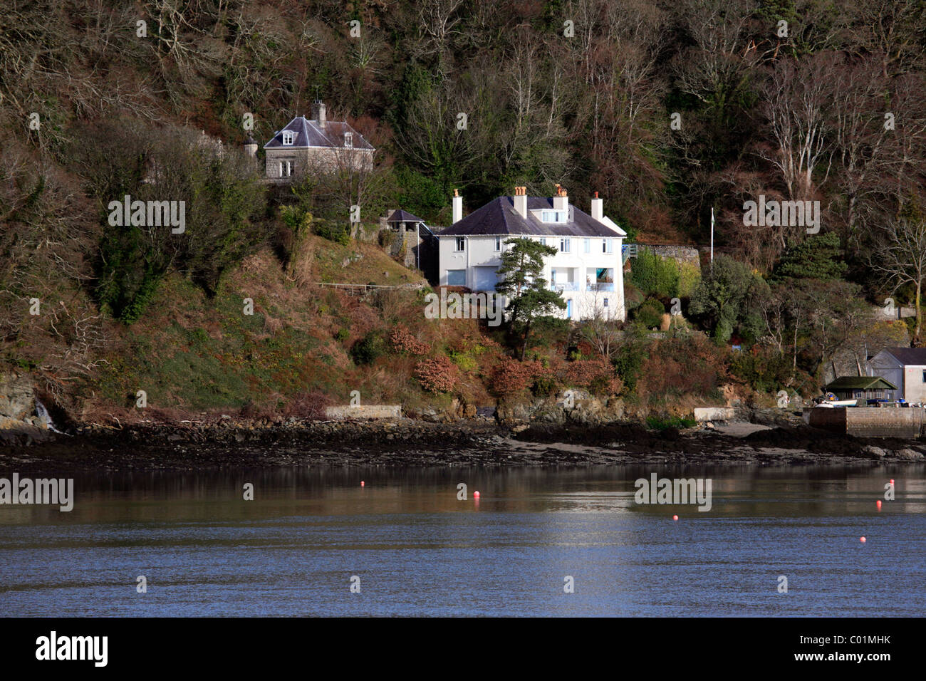 Houses overlooking the Menai Strait, Anglesey, North Wales Stock Photo