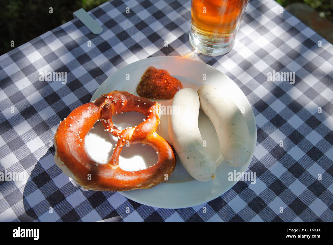 Bavarian Weisswurst veal sausages and pretzels, Upper Bavaria, Bavaria, Germany, Europe Stock Photo