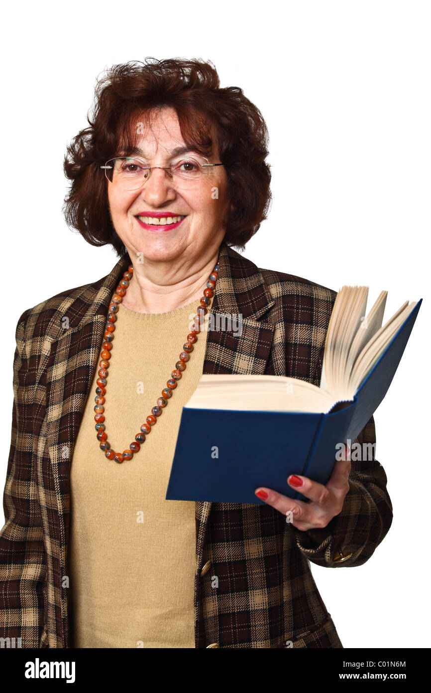 senior woman with book isolated on white background Stock Photo