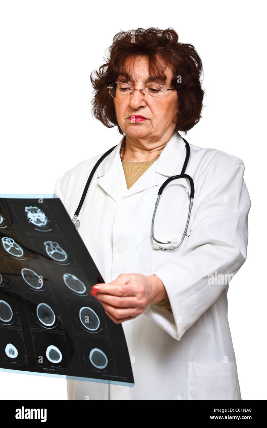 woman doctor check xray isolated on white background Stock Photo