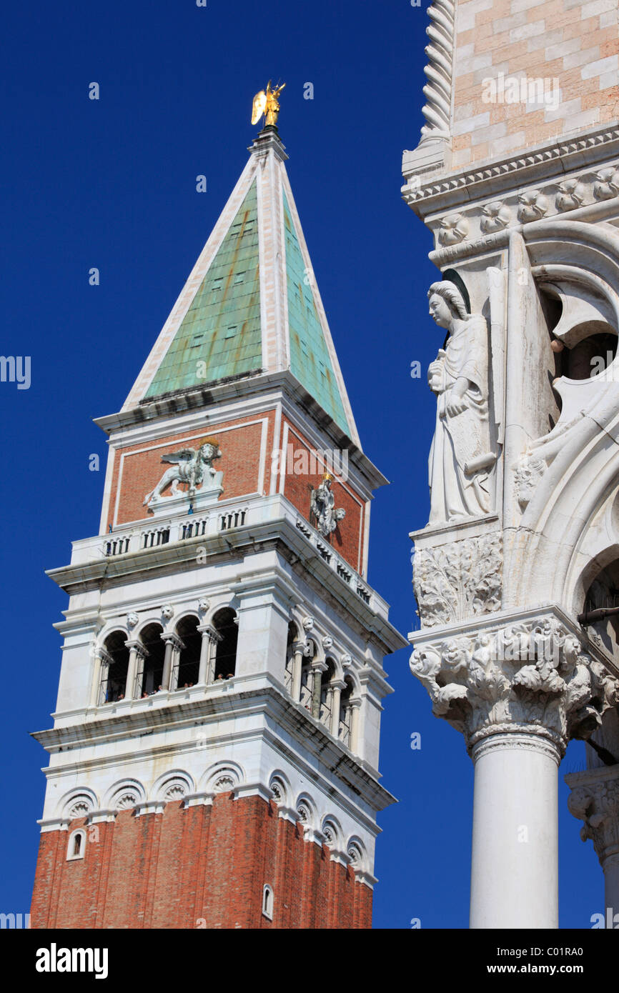 Campanile of the Basilica San Marco and Angel of Freedom at the Doge's Palace, Piazza San Marco or St. Mark's Square, Venice Stock Photo
