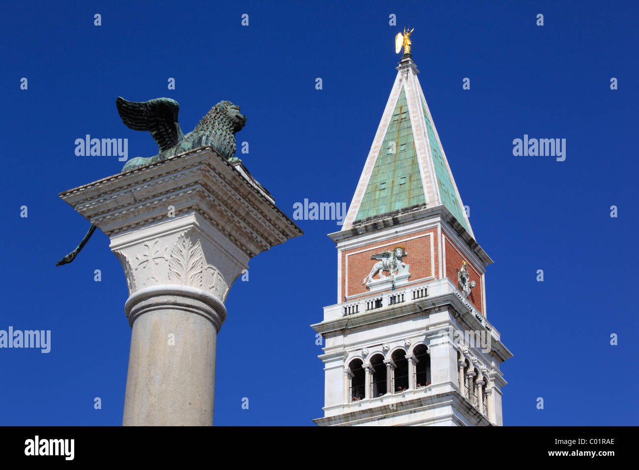 Lion of Saint Mark and Campanile belfry of the Basilica San Marco, Piazza San Marco or St. Mark's Square, Venice, Veneto, Italy Stock Photo