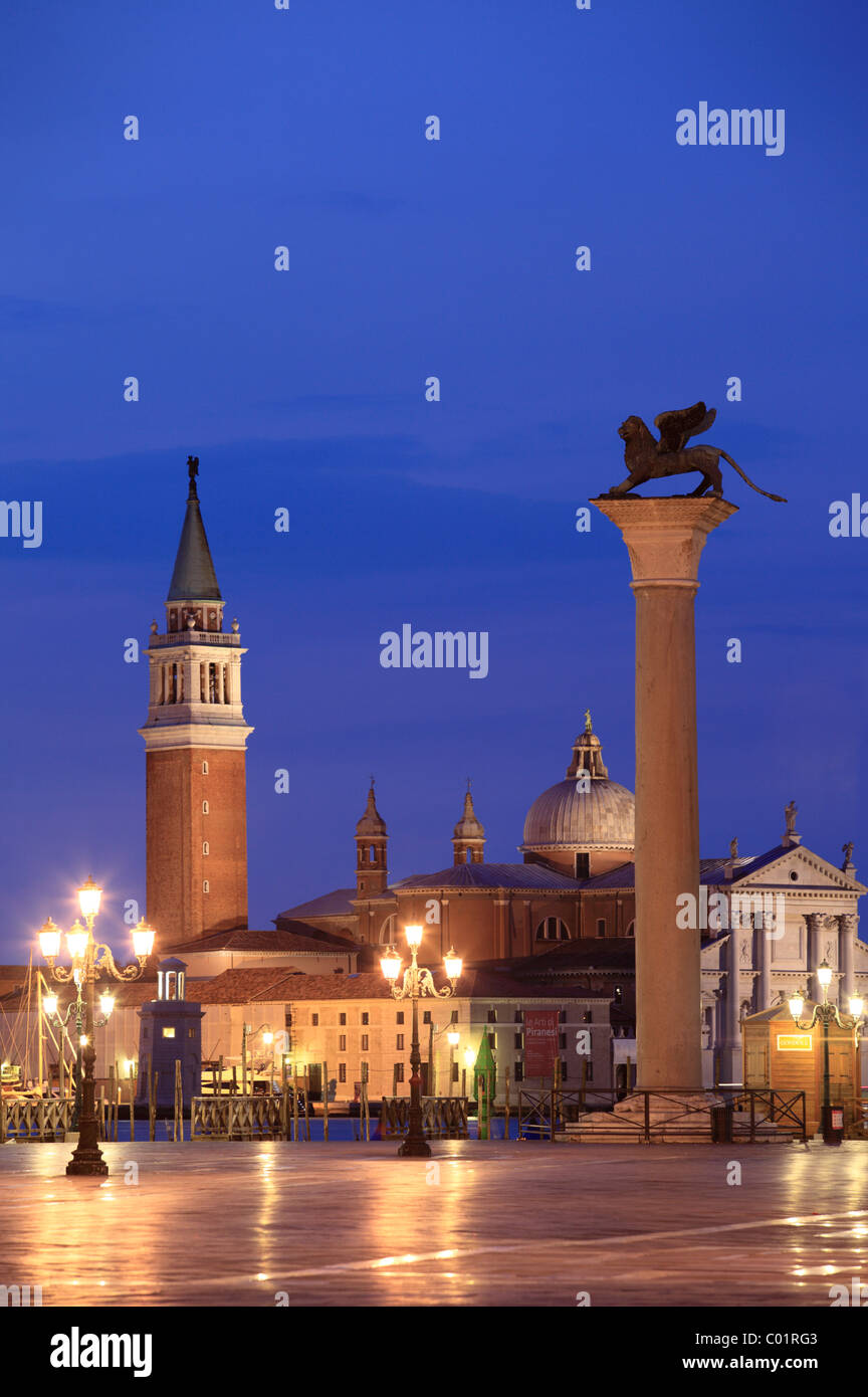 Church of San Giorgio Maggiore and lion of Saint Mark, Piazza San Marco or St. Mark's Square, Venice, Veneto, Italy, Europe Stock Photo