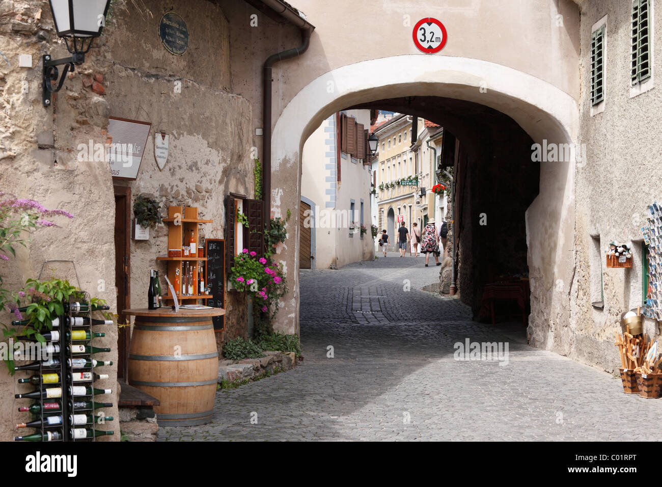 Kremser Tor gate and a wine store, Duernstein, Wachau valley, Waldviertel region, Lower Austria, Austria, Europe Stock Photo
