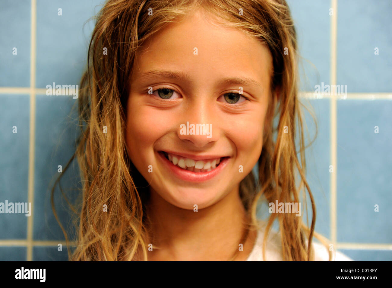 Girl, 8, with unkempt hair Stock Photo