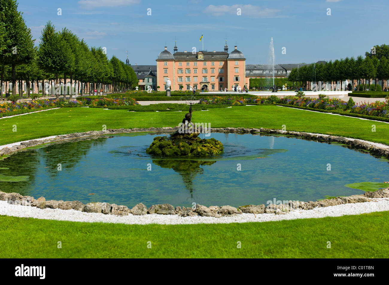 Fountain with sculptures in the castle gardens, Schloss Schwetzingen castle, 18th century, Schwetzingen, Baden-Wuerttemberg Stock Photo