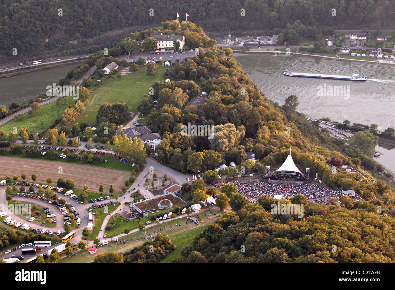 Aerial view, Freilichtbuehne Loreley open-air stage on the Loreley-Plateau at Loreley Rock, high above the Rhine river during a Stock Photo