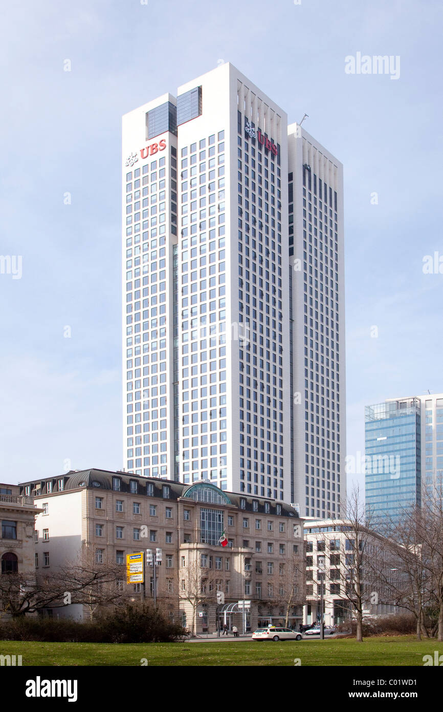 Exterior view with logo, German headquarters of UBS Bank in OpernTurm tower, Frankfurt am Main, Hesse, Germany, Europe Stock Photo