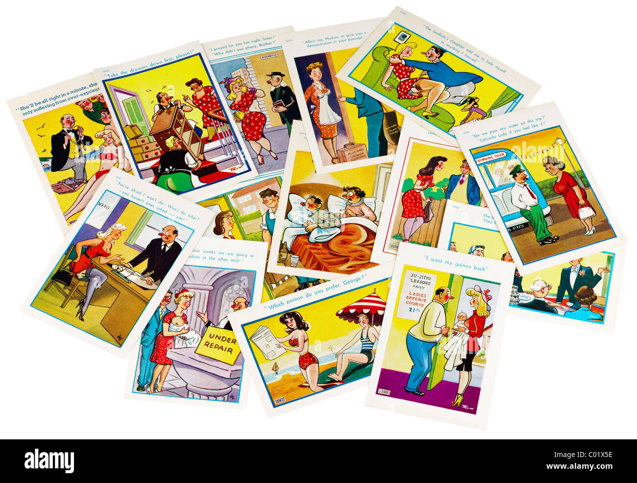 Pile of Saucy Trow postcards. EDITORIAL ONLY Stock Photo