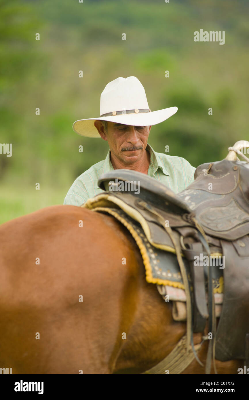 Don Arnulfo, rancher working with his horse at the Finca El Cisne ranch in Copán, Honduras. Stock Photo