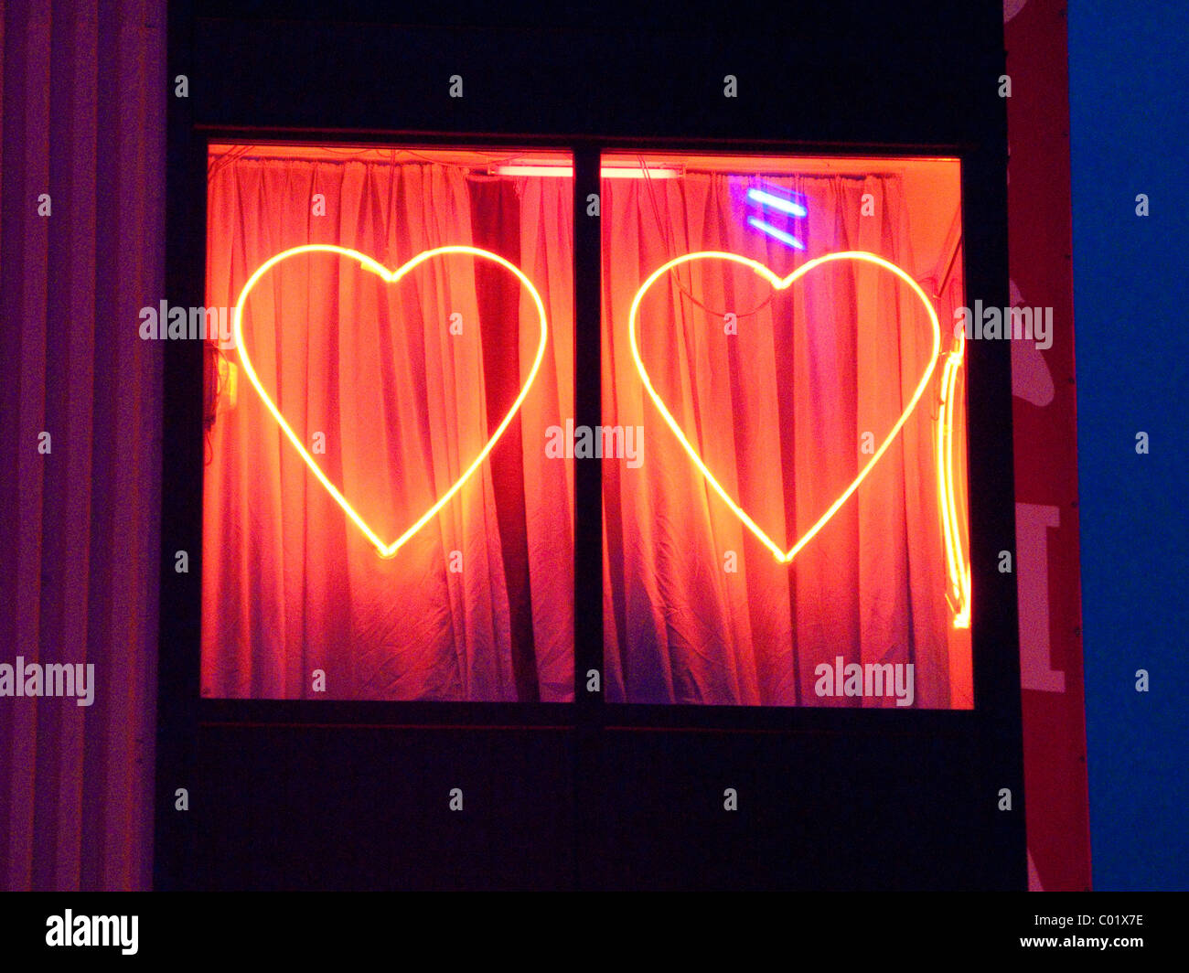 Hearts in a window, brothel in the red light district, Frankfurt, Hesse, Germany, Europe Stock Photo