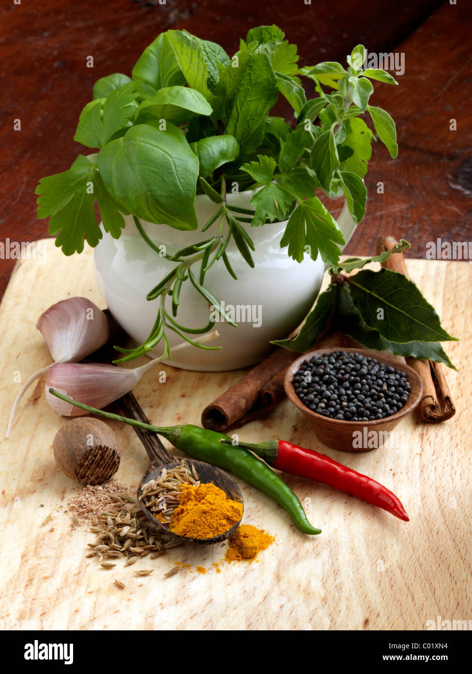 Basil rosemary bay leaf black pepper corns chillies nutmeg turmeric garlic cloves cinnamon Stock