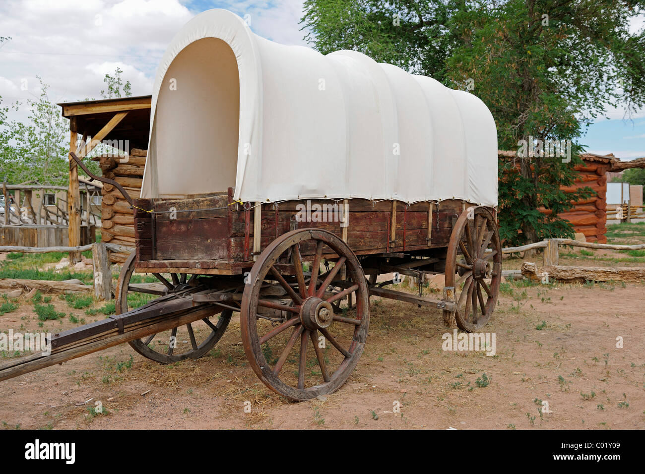 Replica of a covered wagon of the settlers, around 1850, Bluff, Utah, USA, North America Stock Photo