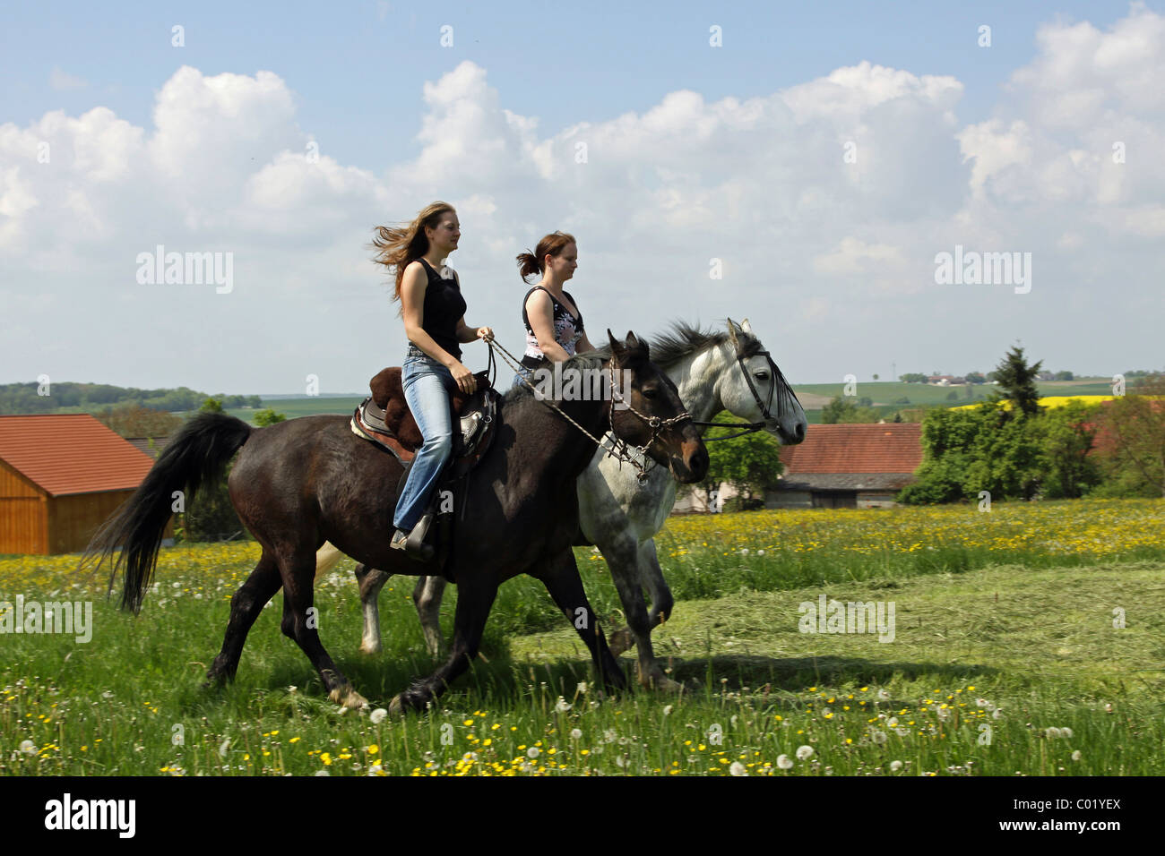 Two young women riding on horseback, Bavaria Stock Photo